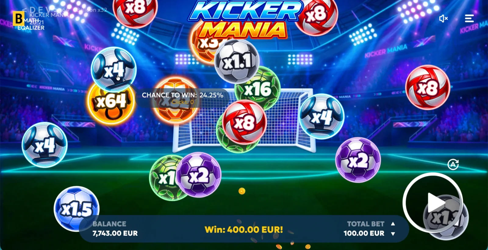 Kicker Mania stadium with multiplier footballs and Chance to Win display